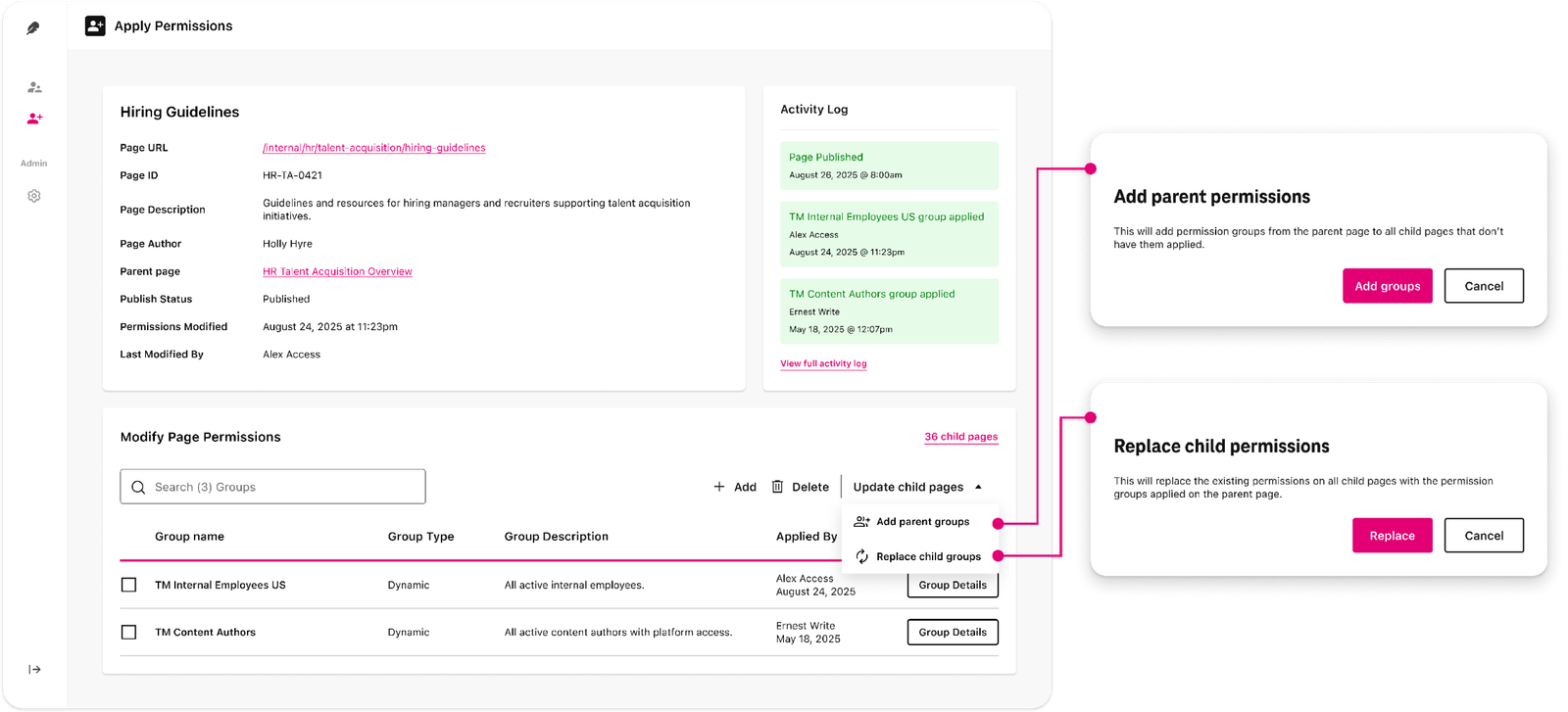 Apply Permissions: explicit add-parent and replace-child inheritance actions with confirmation