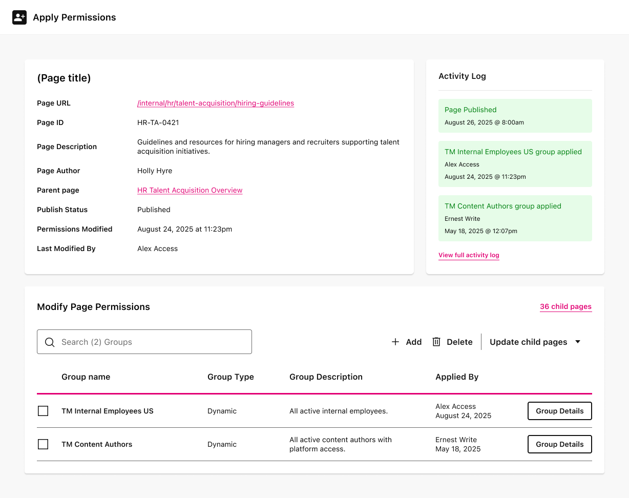 Apply Permissions detail: page metadata, activity log, modify page permissions with groups and update child pages