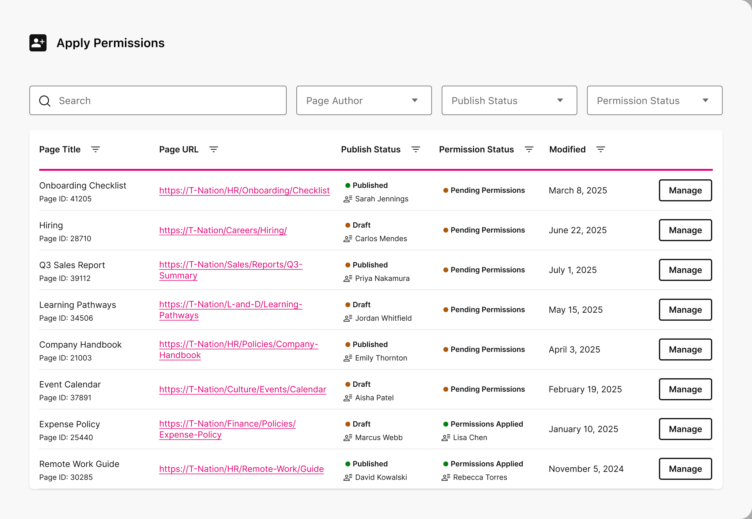 Apply Permissions: page list with publish status, permission status, and manage actions