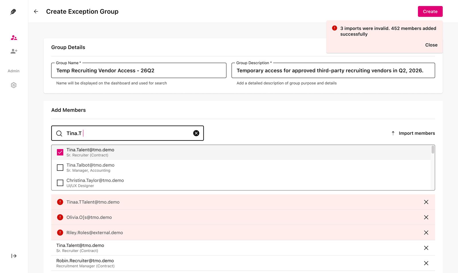 Create Exception Group: member search, bulk import, toast for invalid rows, and per-row inline validation
