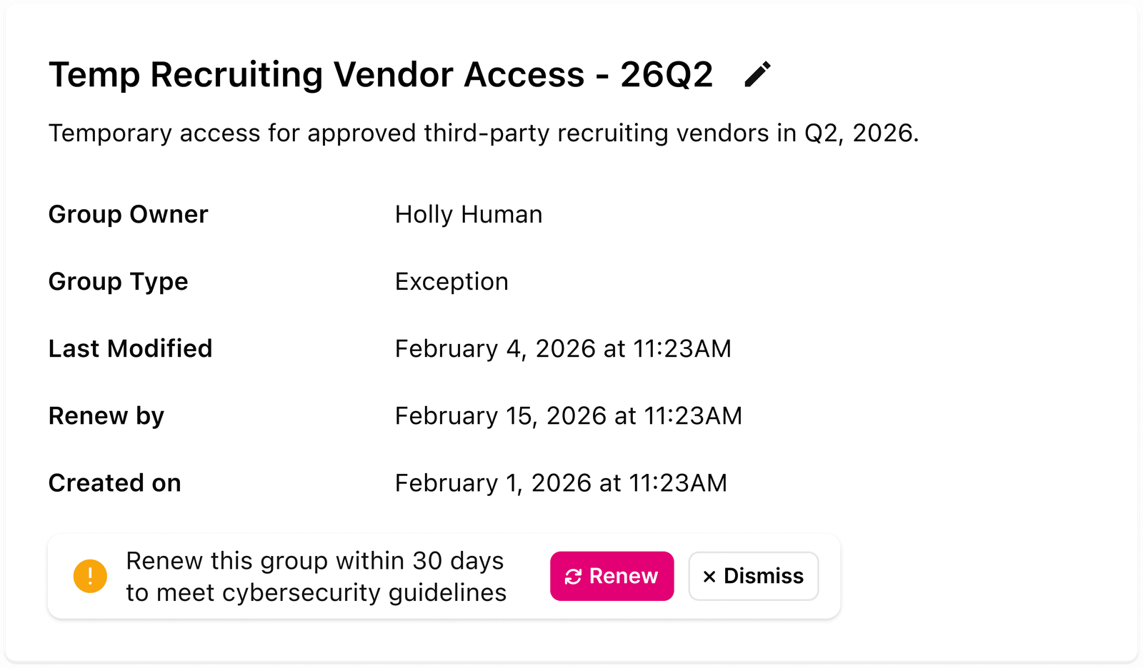 Exception group card: renew within 30 days warning
