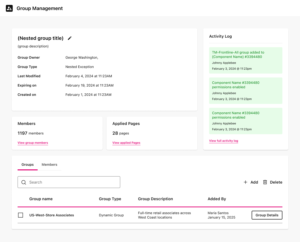Group Management detail: nested exception group with members, applied pages, activity log, and nested groups table