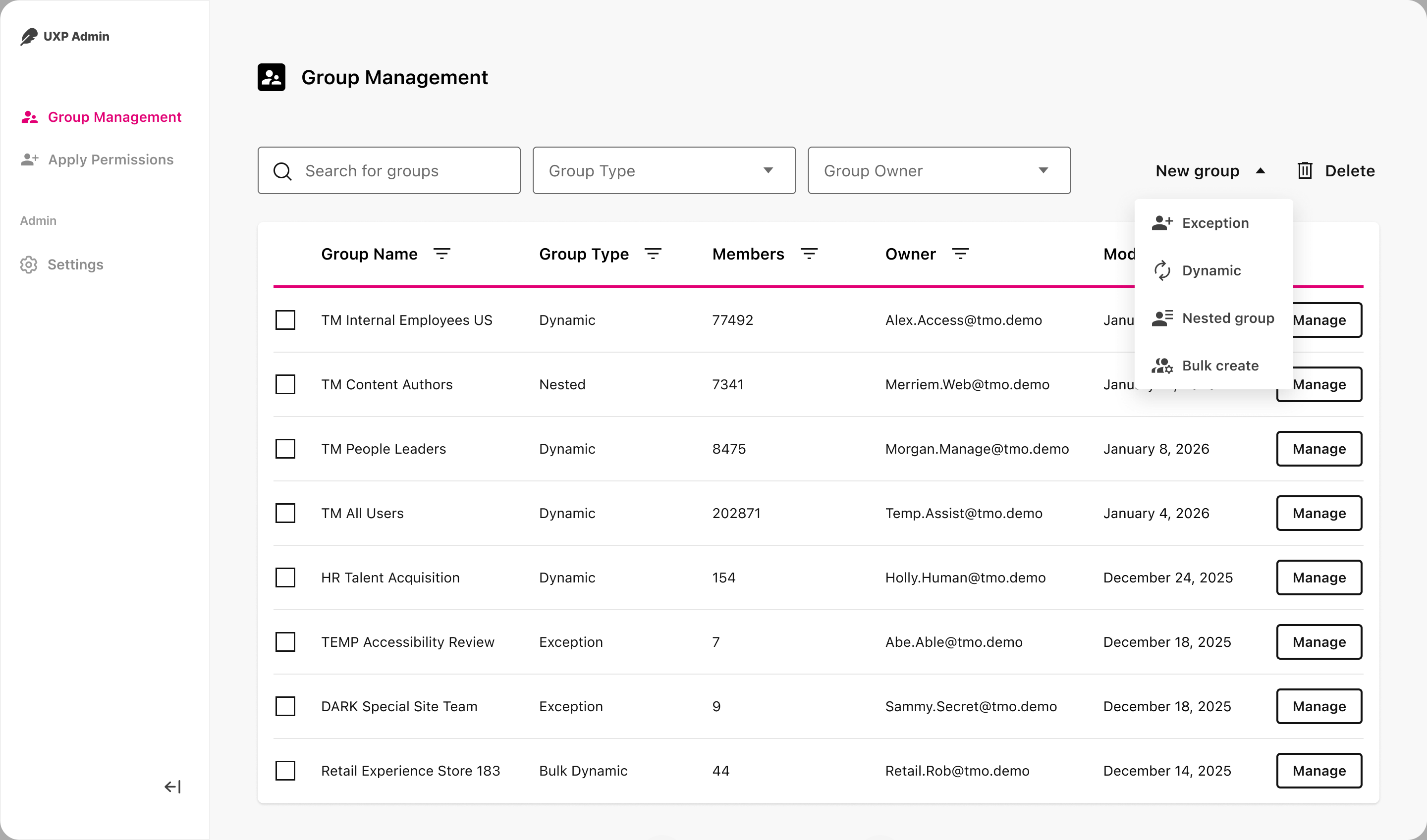 Group Management: group list with New Group menu for Exception, Dynamic, Bulk Dynamic, and Nested