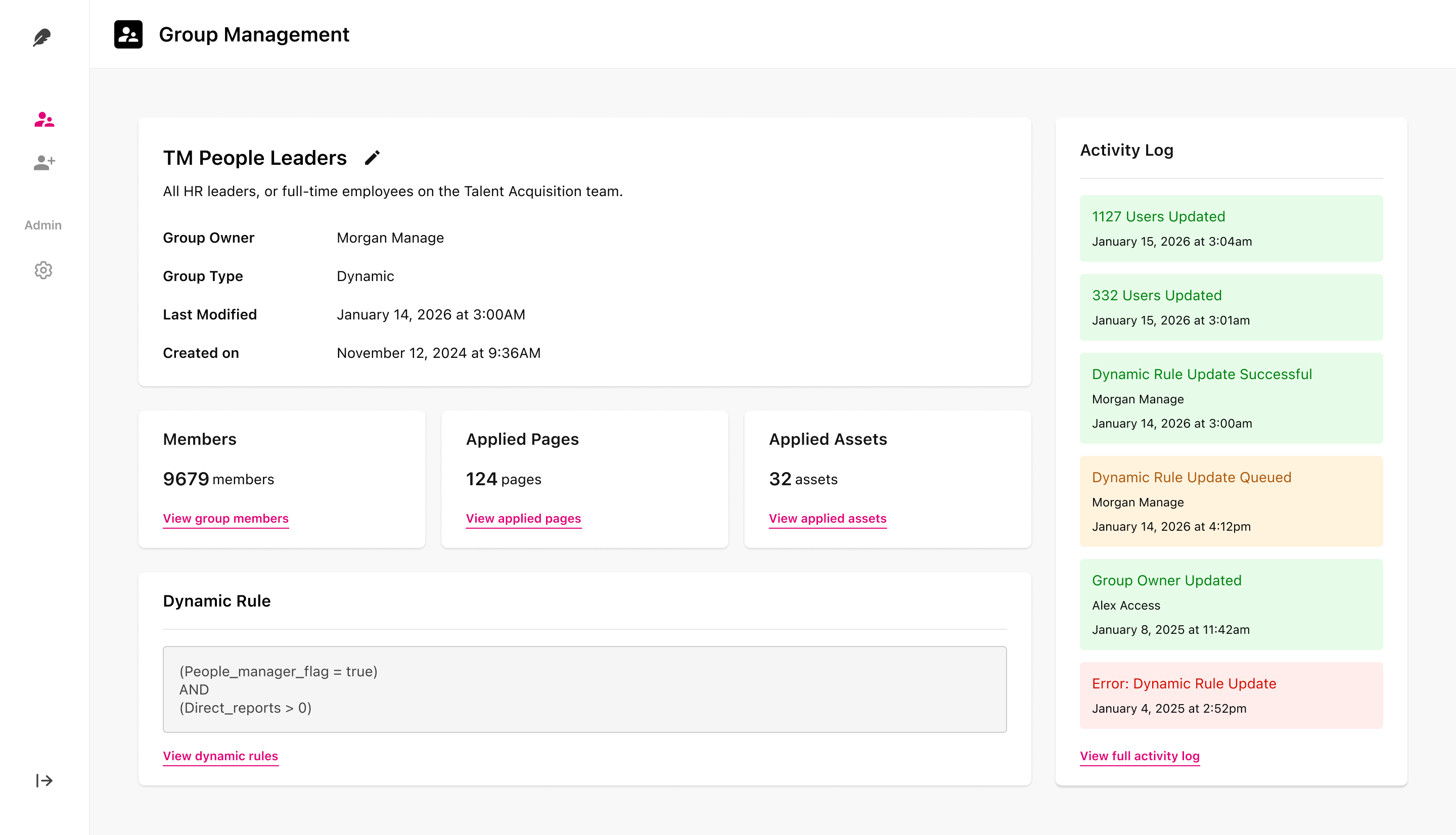 Group Management filtered to Dynamic: search, group type and owner filters, and results table