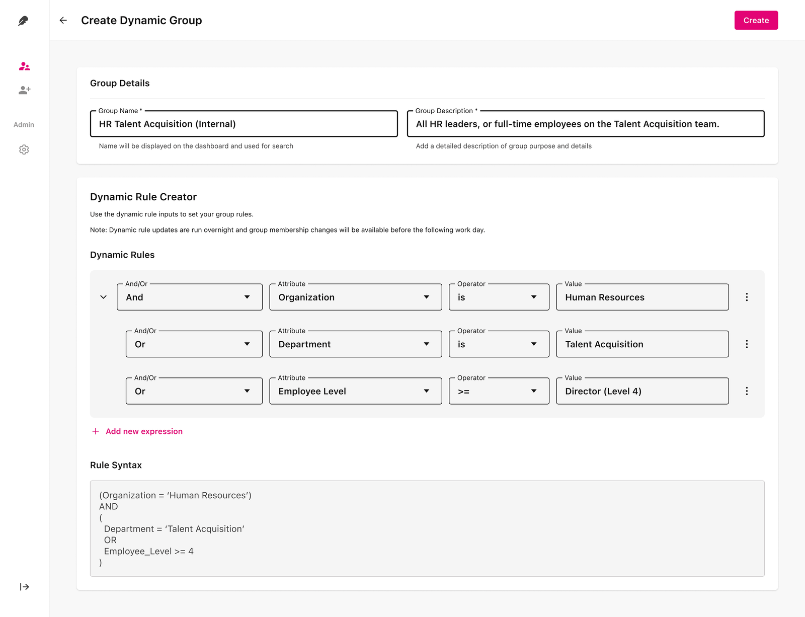 Create Dynamic Group: visual rule builder with live rule syntax view