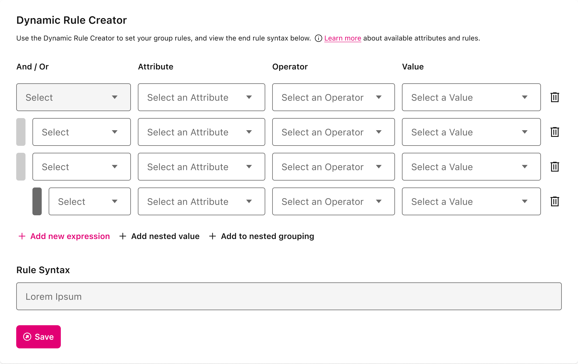 Dynamic Rule Creator v1: expression rows with three add-buttons beneath