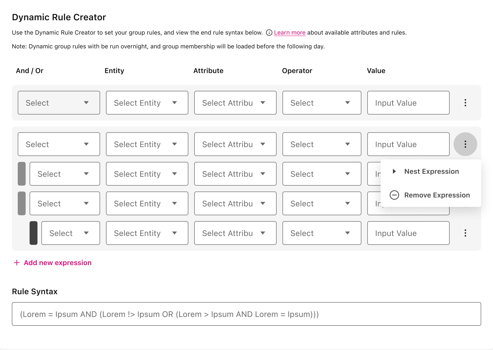 Bulk Dynamic Rule Creator: For Each row, nested expressions, and open row menu with Nest Expression
