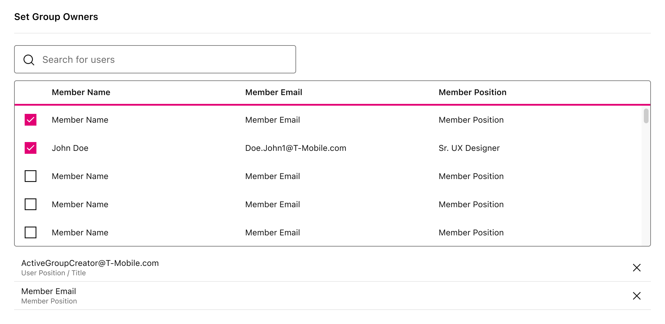 Set Group Owners: searching and selecting named owners at group creation