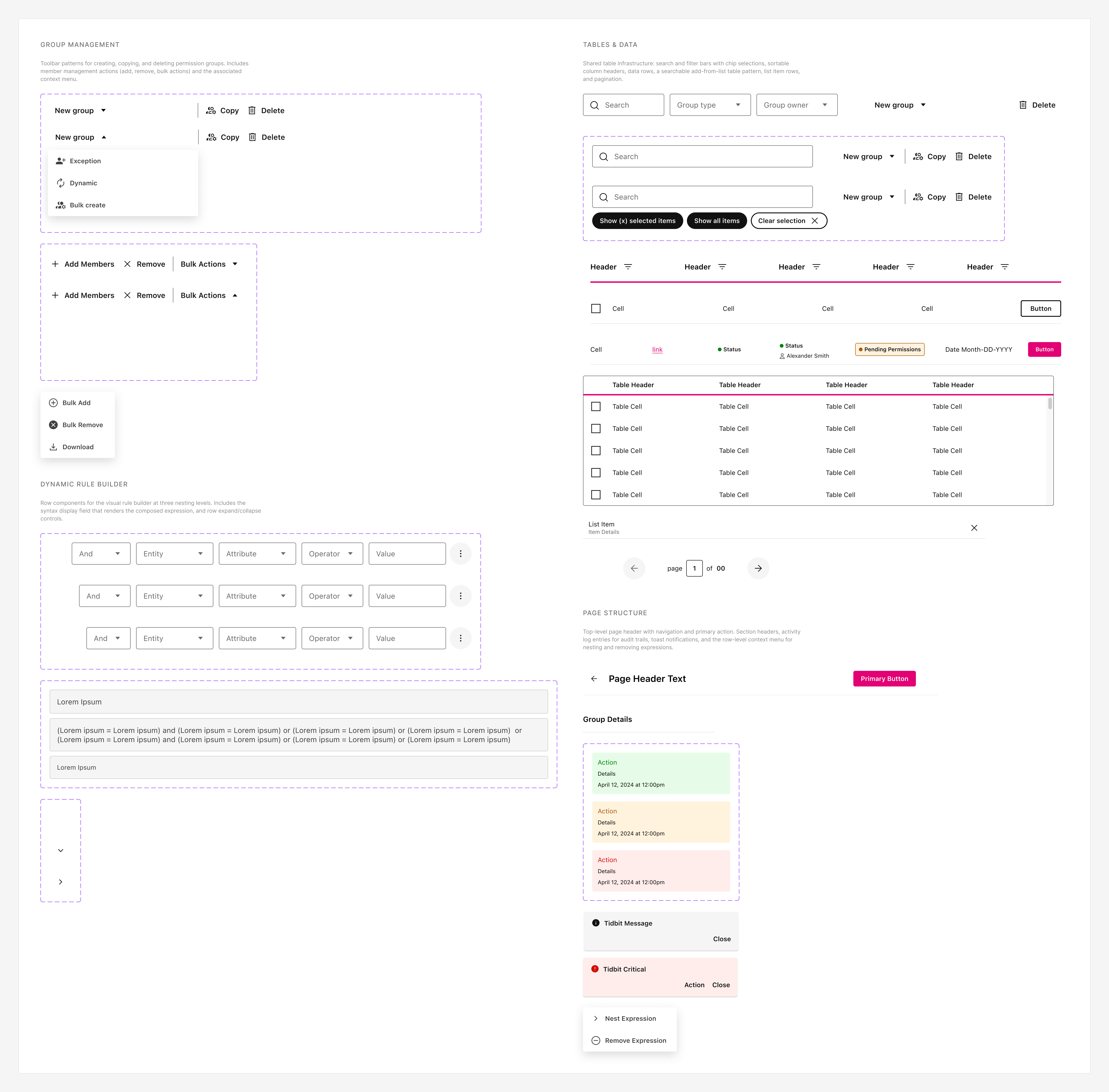 Annotated component primitives: New group menu, member actions, dynamic rule rows, expression groups, rule syntax, and pagination