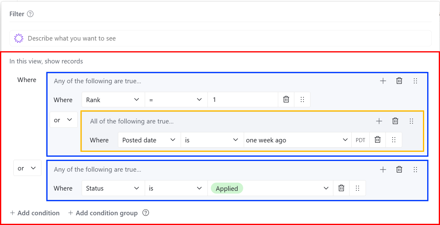 Airtable nested AND/OR condition groups for filtering records