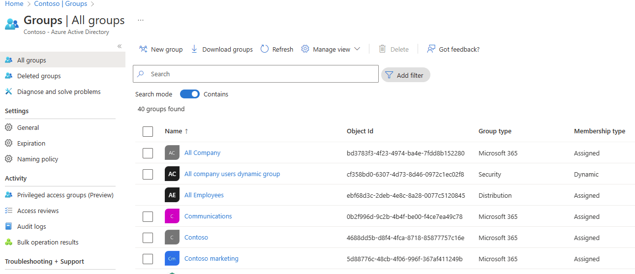 Azure All groups overview with type and membership type columns