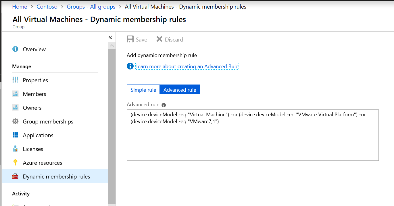 Azure AD dynamic membership rules with simple and advanced rule tabs