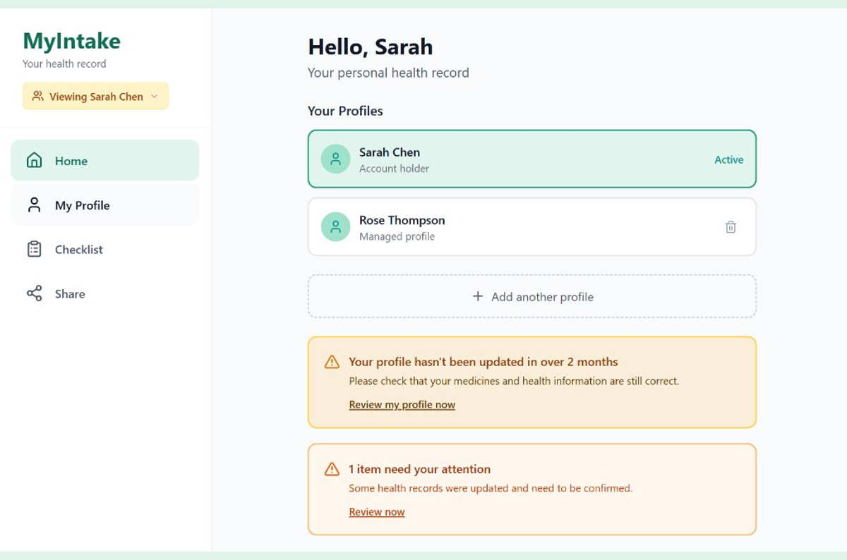 MyIntake app home — profiles, caregiver access, and health alerts
