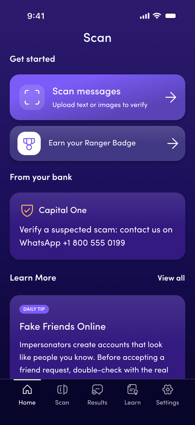 Iteration 2 home with Get started scan card and From your bank Capital One block
