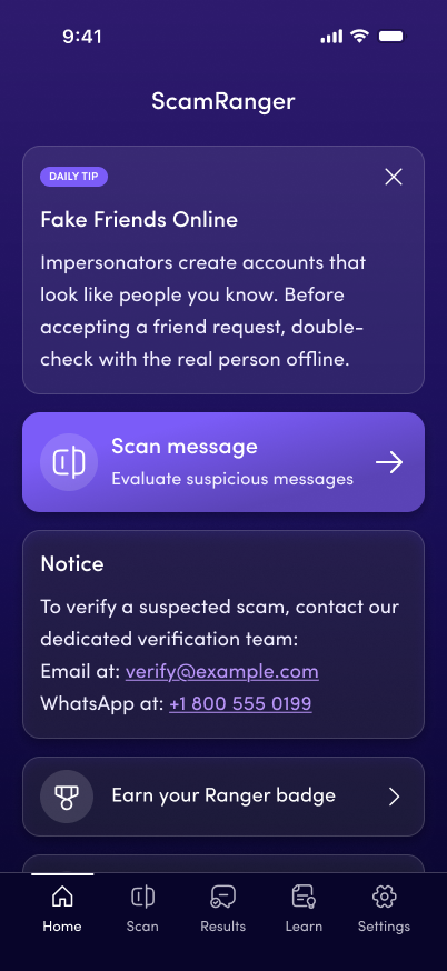 Iteration 1 home with dismissible daily tip and scan card