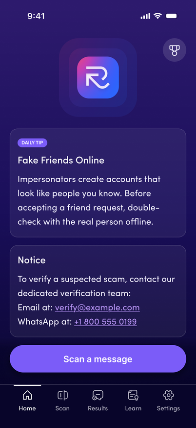 Revised home with logo restored, tip without dismiss, and scan CTA