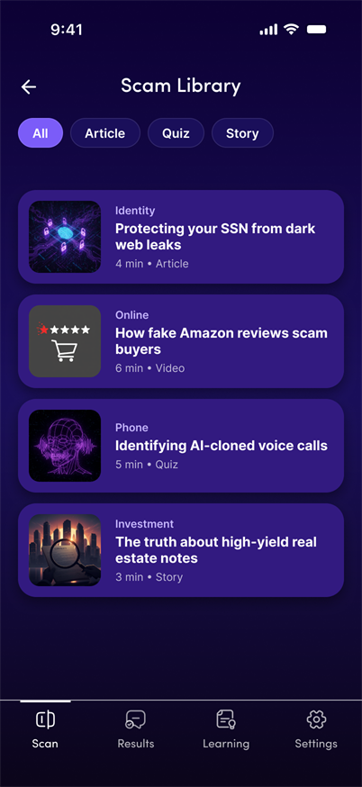 Proposed Scam Library with article quiz and story filters