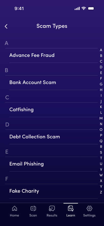 Delivered Scam Types alphabetical directory