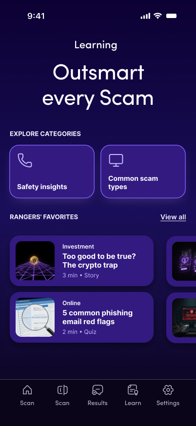 Proposed learning hub: Outsmart every Scam with categories and favorites