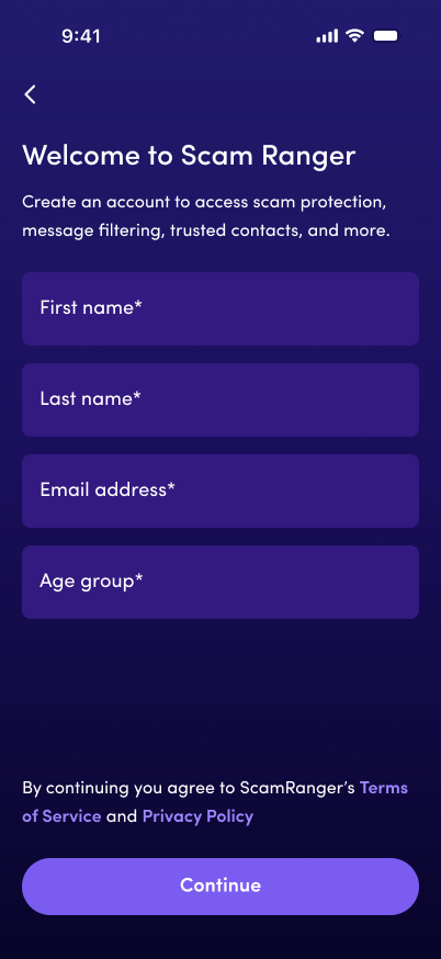 Create your account with inline terms